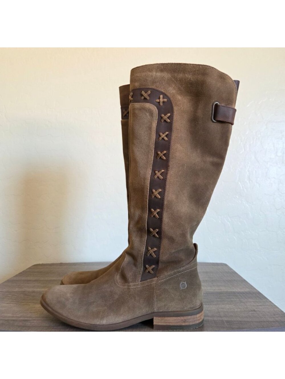 Born Suede Distressed Albi Tall Riding Boots Brown 8.5 Western Boho Cross Stitch - Picture 3 of 12